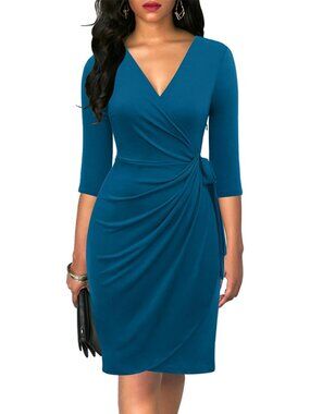 Women's Teal 3/4 Sleeve Faux Elegant V Neck Bodycon Midi Knee Wrap Dresses